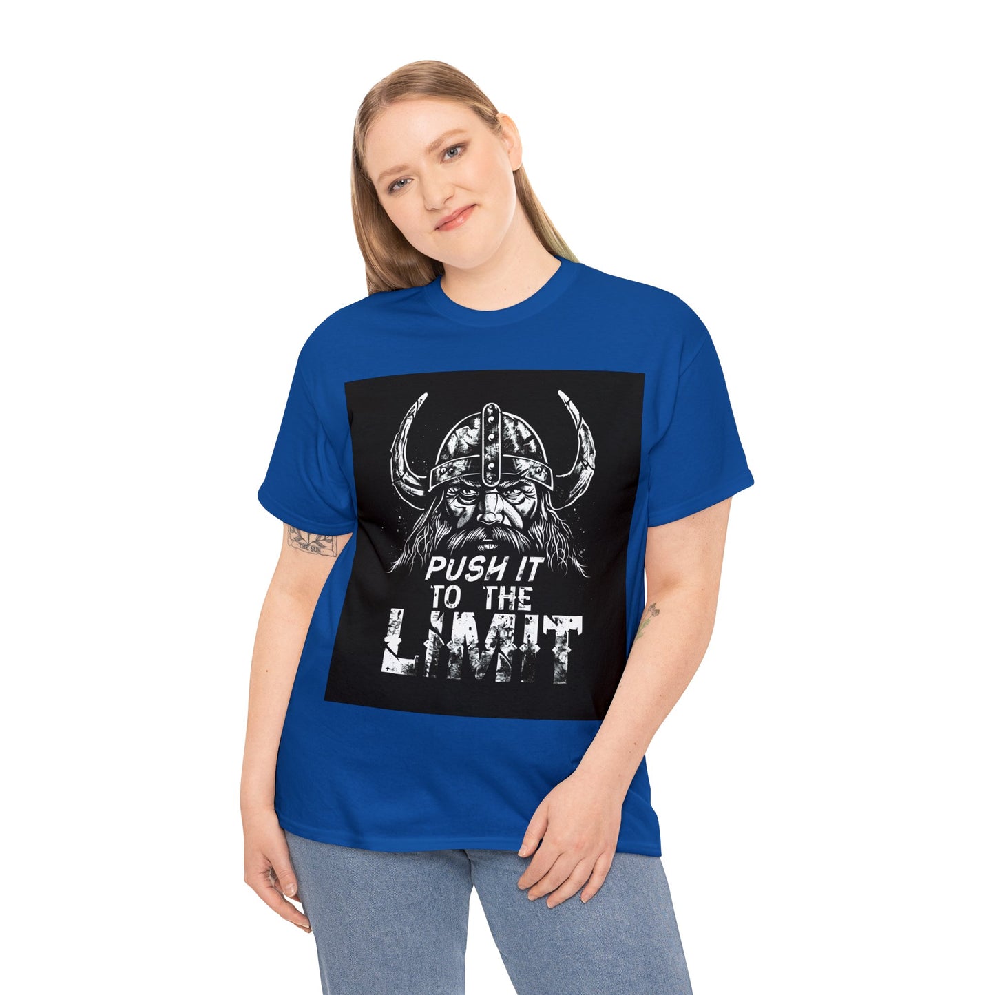 Push it to the Limit Unisex Heavy Cotton T-Shirt Viking Style with Valhalla Awaits on the back