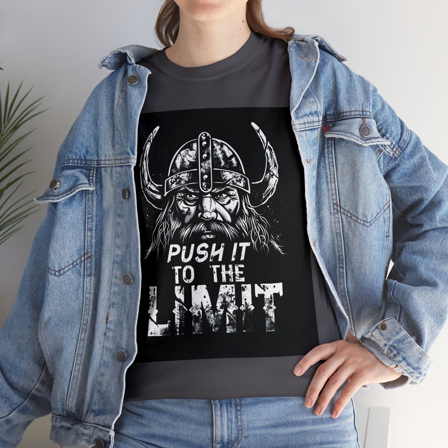 Push it to the Limit Unisex Heavy Cotton T-Shirt Viking Style with Valhalla Awaits on the back