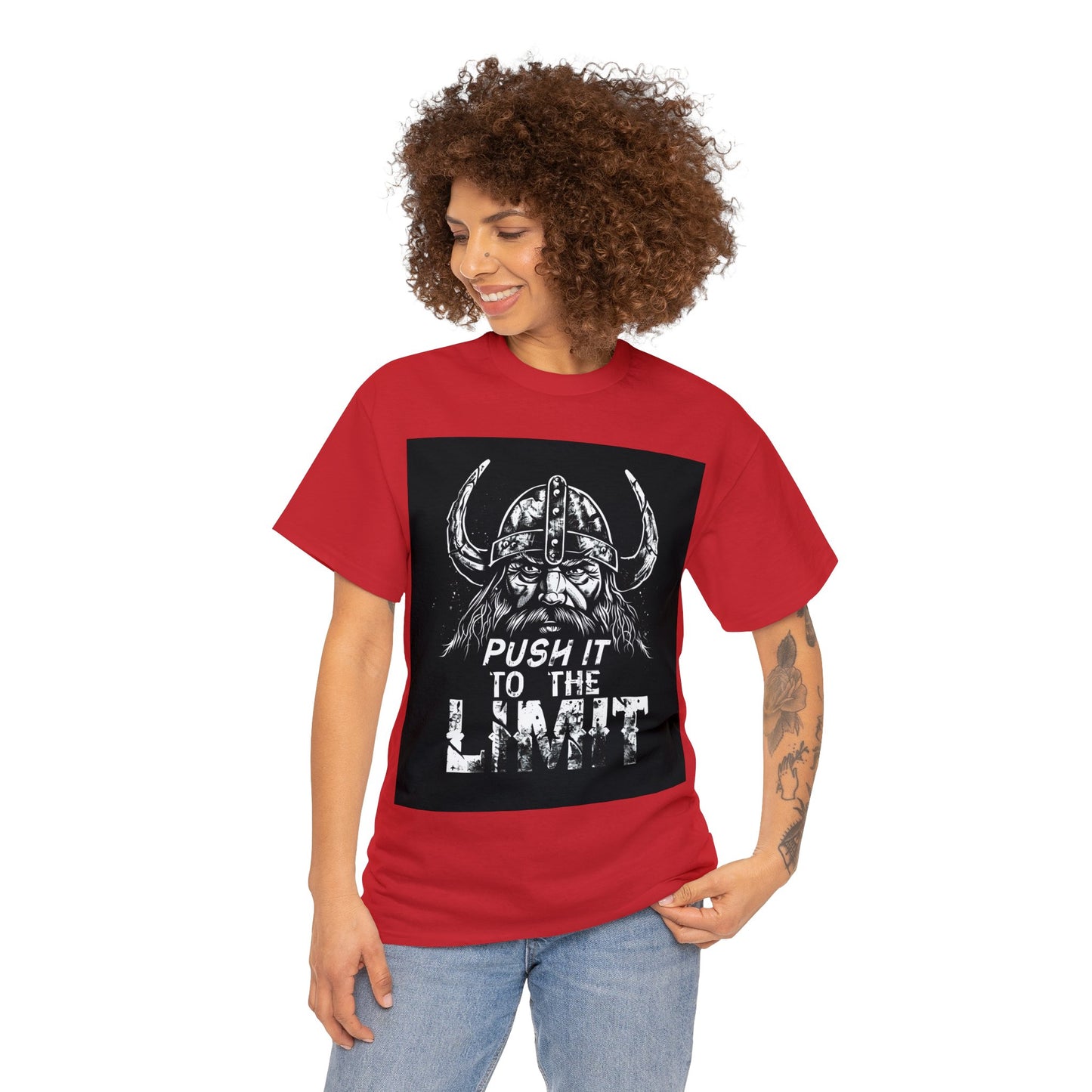 Push it to the Limit Unisex Heavy Cotton T-Shirt Viking Style with Valhalla Awaits on the back