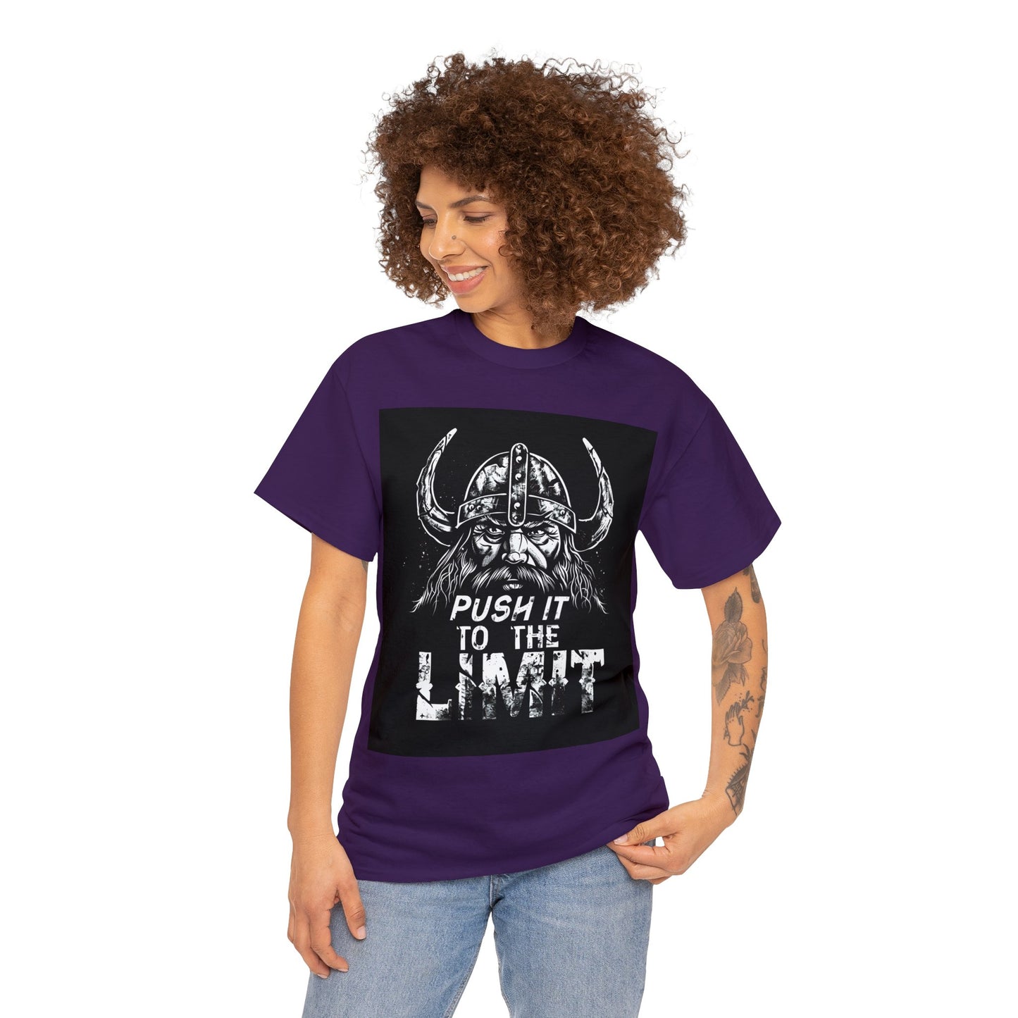 Push it to the Limit Unisex Heavy Cotton T-Shirt Viking Style with Valhalla Awaits on the back