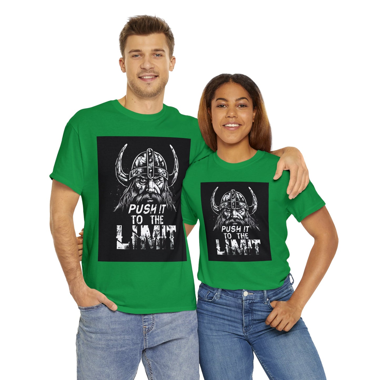 Push it to the Limit Unisex Heavy Cotton T-Shirt Viking Style with Valhalla Awaits on the back