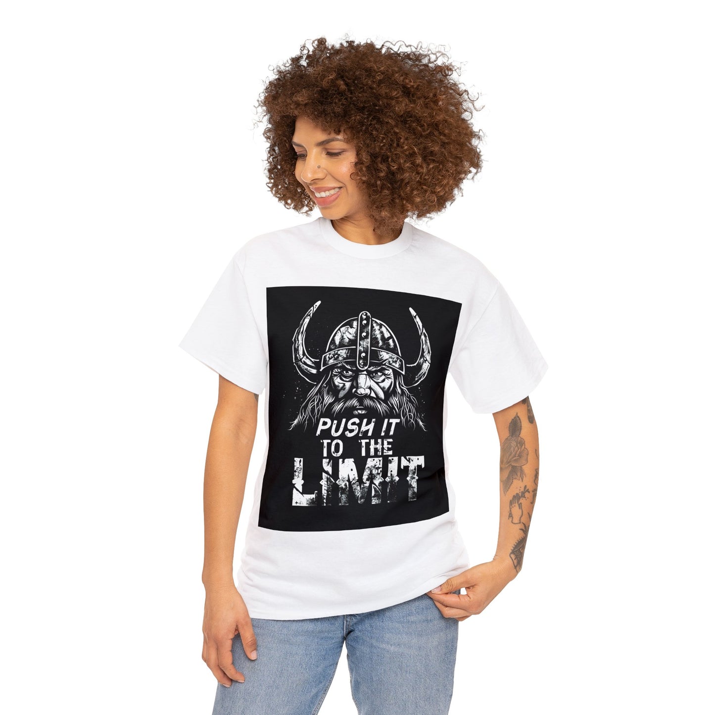 Push it to the Limit Unisex Heavy Cotton T-Shirt Viking Style with Valhalla Awaits on the back