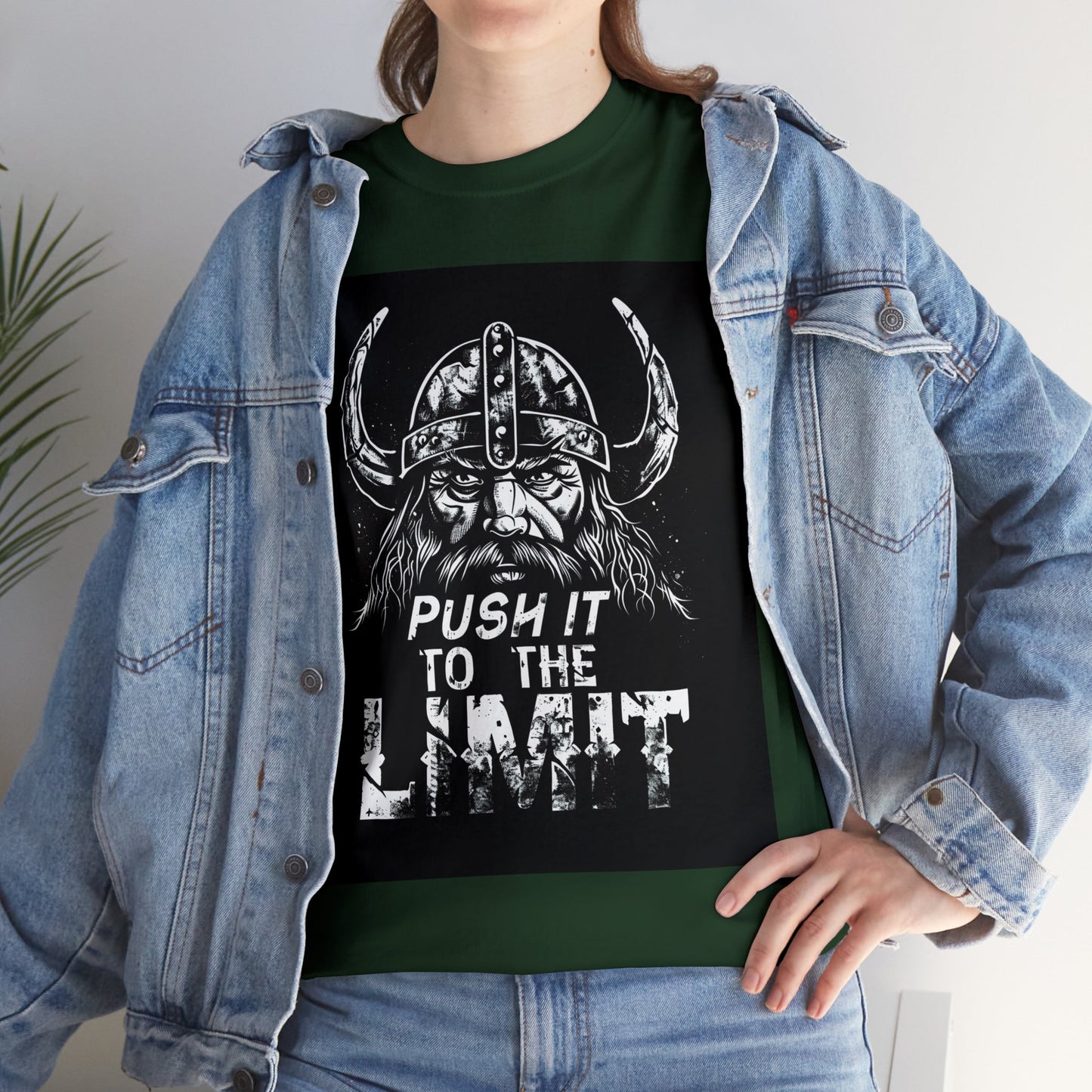 Push it to the Limit Unisex Heavy Cotton T-Shirt Viking Style with Valhalla Awaits on the back