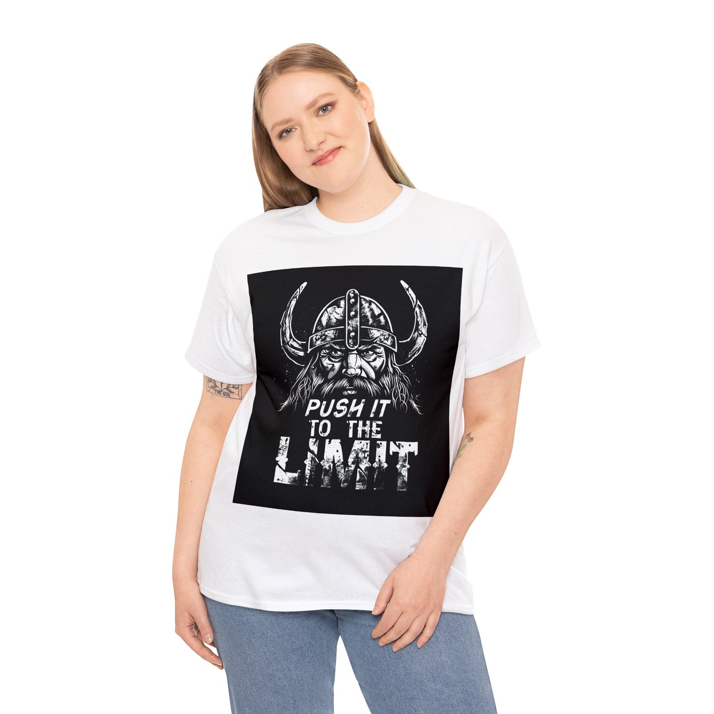 Push it to the Limit Unisex Heavy Cotton T-Shirt Viking Style with Valhalla Awaits on the back