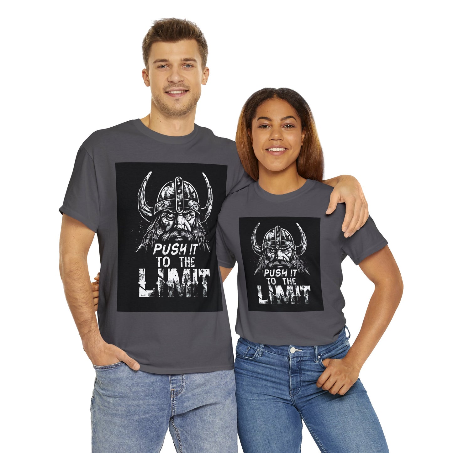 Push it to the Limit Unisex Heavy Cotton T-Shirt Viking Style with Valhalla Awaits on the back