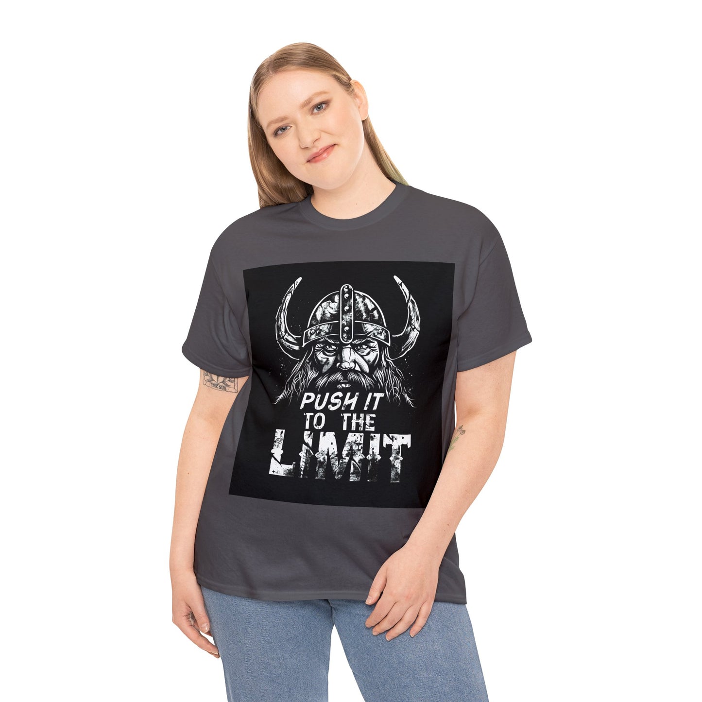 Push it to the Limit Unisex Heavy Cotton T-Shirt Viking Style with Valhalla Awaits on the back