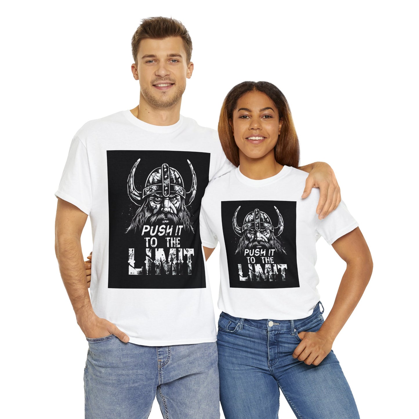 Push it to the Limit Unisex Heavy Cotton T-Shirt Viking Style with Valhalla Awaits on the back