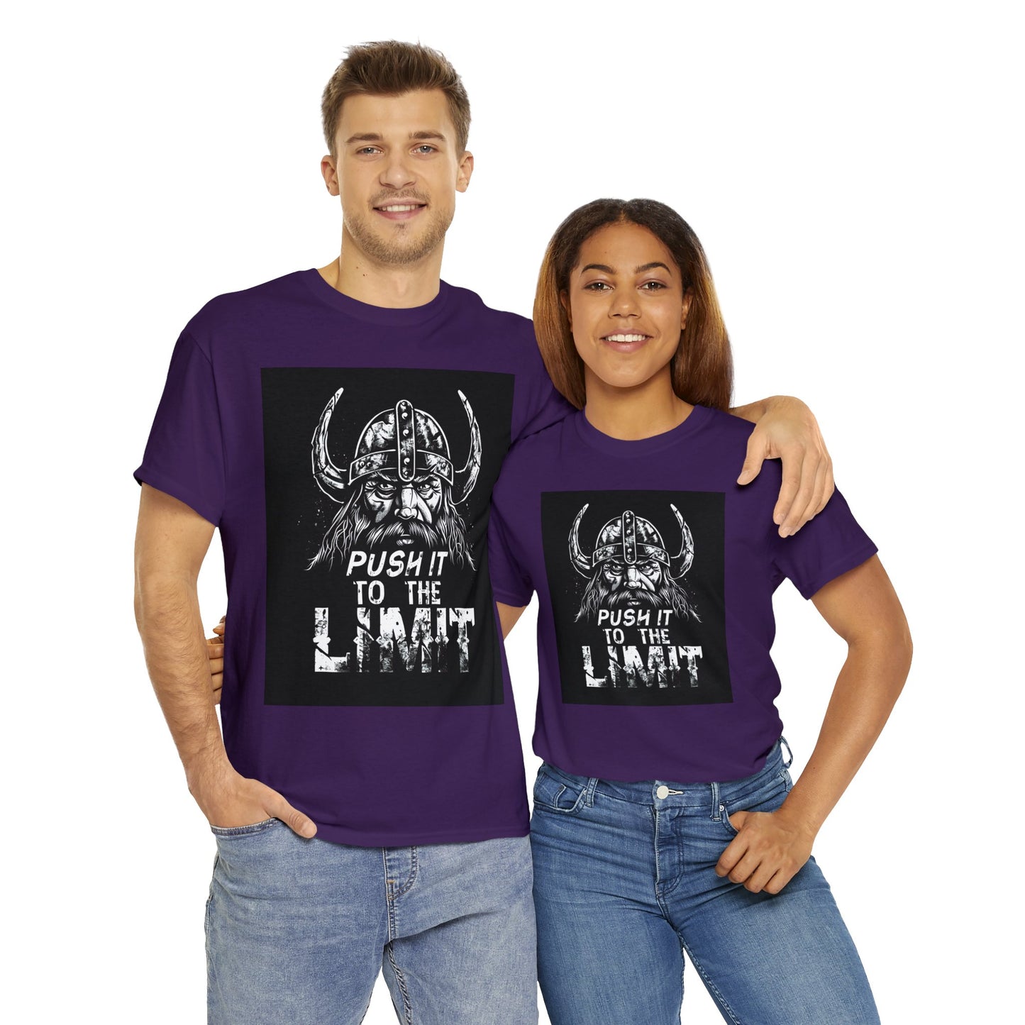 Push it to the Limit Unisex Heavy Cotton T-Shirt Viking Style with Valhalla Awaits on the back