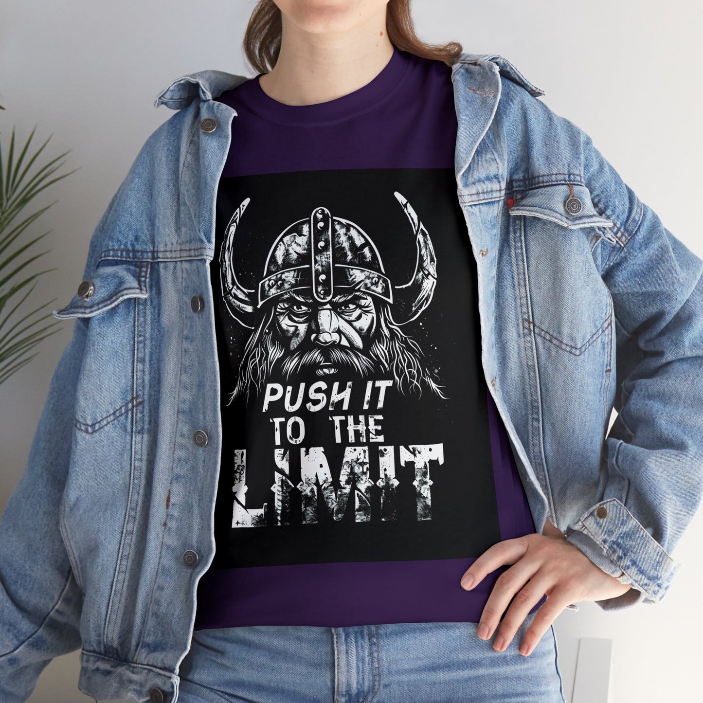 Push it to the Limit Unisex Heavy Cotton T-Shirt Viking Style with Valhalla Awaits on the back